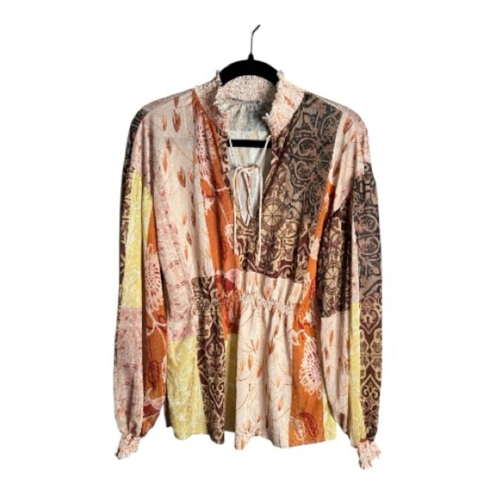 Zara Brown Yellow Tassel Smocked Long Sleeve Blouse Small